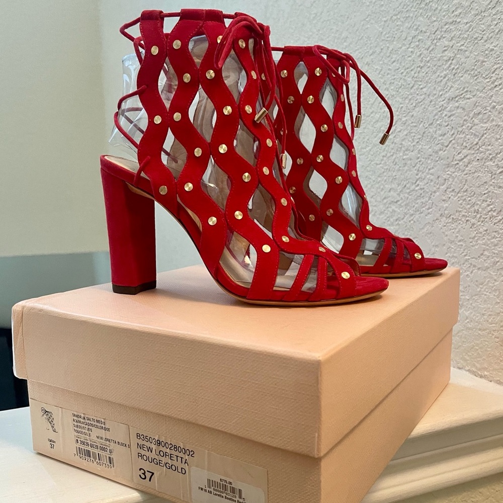 Gorgeous Alexandre Birman Red Suede Loretta Caged Sandals with Gold Studs - Sz 7